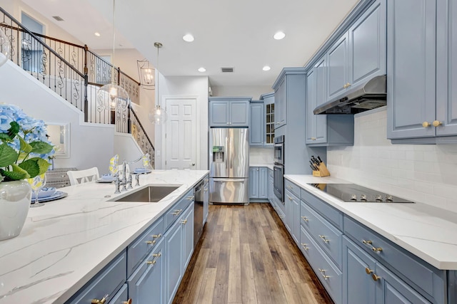 8271 Canopy Ter, Parkland, FL 33076 - kitchen featuring stainless steel appliances, under cabinet range hood, blue cabinets, a sink, and backsplash