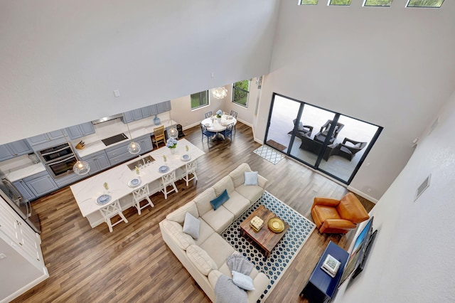 8271 Canopy Ter, Parkland, FL 33076 - living area featuring a towering ceiling, wood finished floors, and baseboards