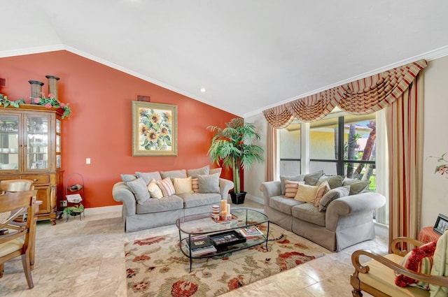 15385 Cedar Bluff Pl, Wellington, FL 33414 - living room with vaulted ceiling, crown molding, and baseboards