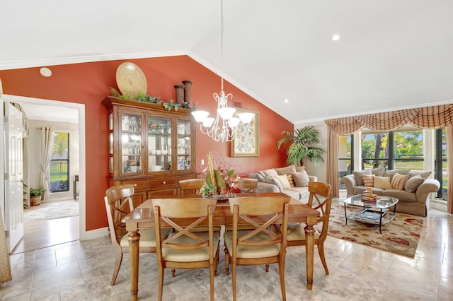 15385 Cedar Bluff Pl, Wellington, FL 33414 - dining area with lofted ceiling, plenty of natural light, crown molding, a chandelier, and baseboards