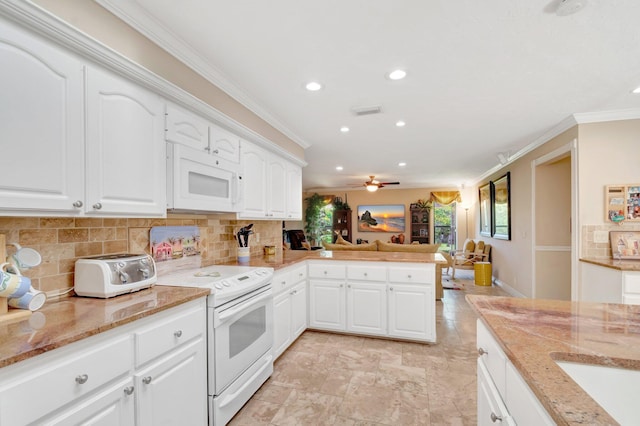 15385 Cedar Bluff Pl, Wellington, FL 33414 - kitchen with white appliances, recessed lighting, crown molding, a peninsula, and decorative backsplash