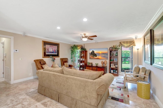 15385 Cedar Bluff Pl, Wellington, FL 33414 - living area with a ceiling fan, crown molding, baseboards, and recessed lighting