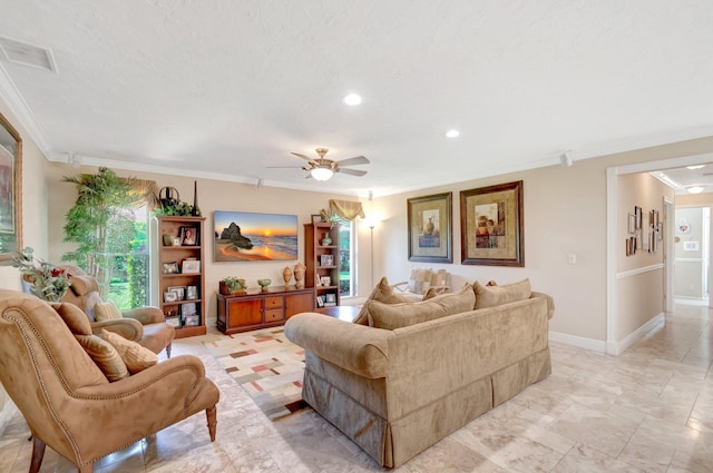 15385 Cedar Bluff Pl, Wellington, FL 33414 - living room featuring crown molding, ceiling fan, recessed lighting, and baseboards
