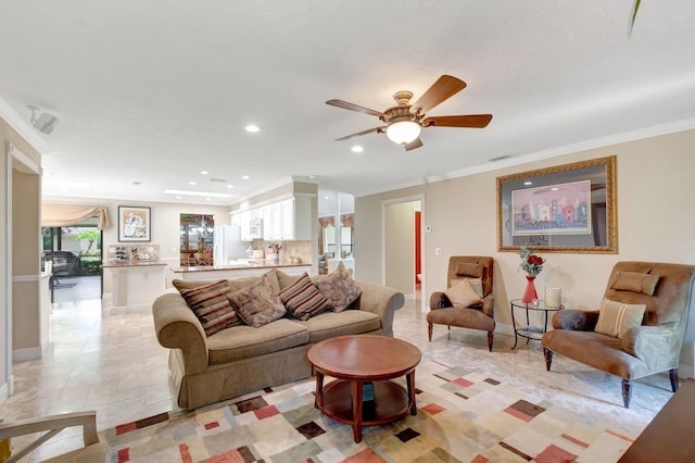 15385 Cedar Bluff Pl, Wellington, FL 33414 - living room with recessed lighting, ornamental molding, ceiling fan, and baseboards