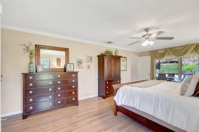 15385 Cedar Bluff Pl, Wellington, FL 33414 - bedroom with access to outside, light wood-type flooring, baseboards, ornamental molding, and a ceiling fan