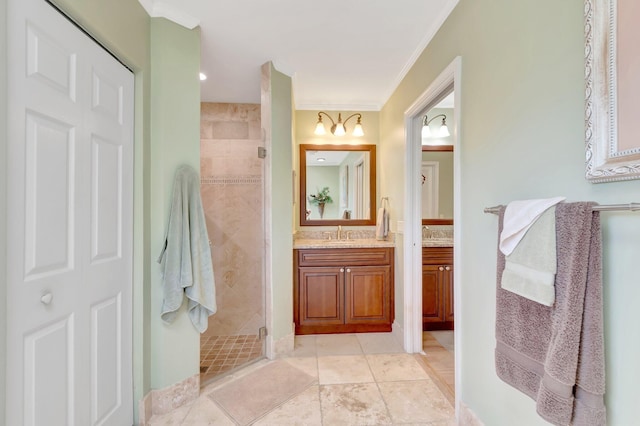 15385 Cedar Bluff Pl, Wellington, FL 33414 - full bath with vanity, a shower stall, ornamental molding, and tile patterned floors