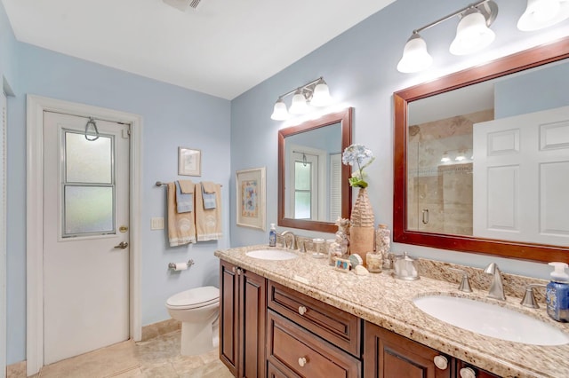 15385 Cedar Bluff Pl, Wellington, FL 33414 - bathroom with a stall shower, double vanity, toilet, and tile patterned floors