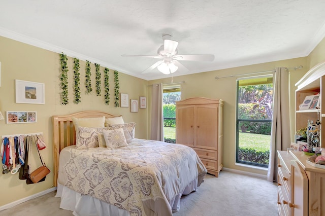 15385 Cedar Bluff Pl, Wellington, FL 33414 - bedroom featuring light colored carpet, baseboards, ornamental molding, and a ceiling fan