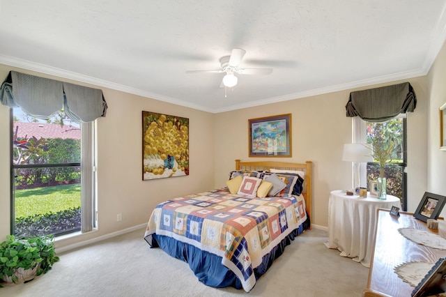 15385 Cedar Bluff Pl, Wellington, FL 33414 - bedroom featuring multiple windows, ornamental molding, light carpet, baseboards, and ceiling fan