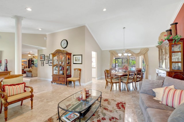 15385 Cedar Bluff Pl, Wellington, FL 33414 - living room featuring a chandelier, vaulted ceiling, baseboards, crown molding, and decorative columns