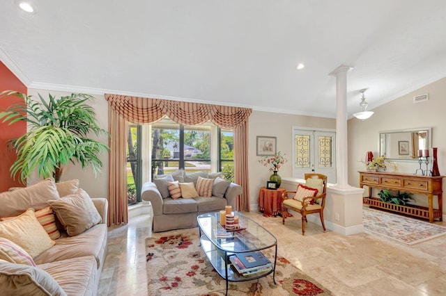 15385 Cedar Bluff Pl, Wellington, FL 33414 - living area with ornate columns, ornamental molding, vaulted ceiling, baseboards, and recessed lighting
