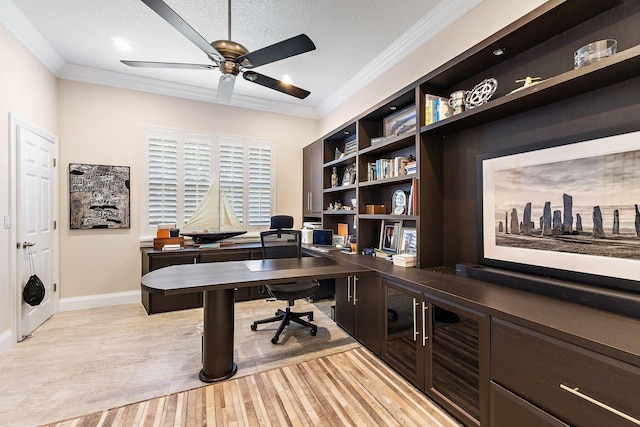 220 Carina Dr, Jupiter, FL 33478 - office area with a ceiling fan, ornamental molding, baseboards, a textured ceiling, and recessed lighting