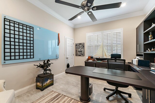 220 Carina Dr, Jupiter, FL 33478 - office with ceiling fan, crown molding, and baseboards