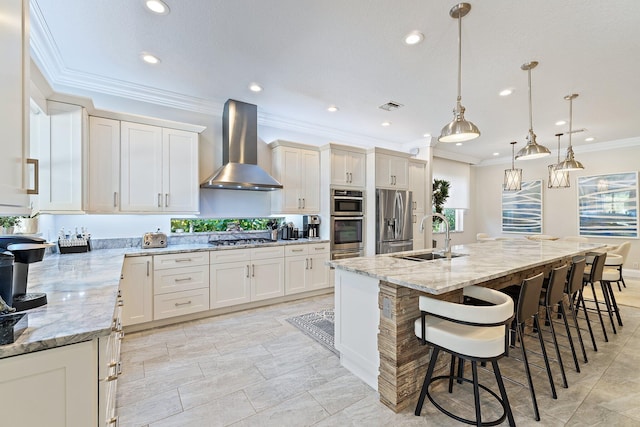 220 Carina Dr, Jupiter, FL 33478 - kitchen featuring wall chimney range hood, stainless steel appliances, a sink, crown molding, and recessed lighting