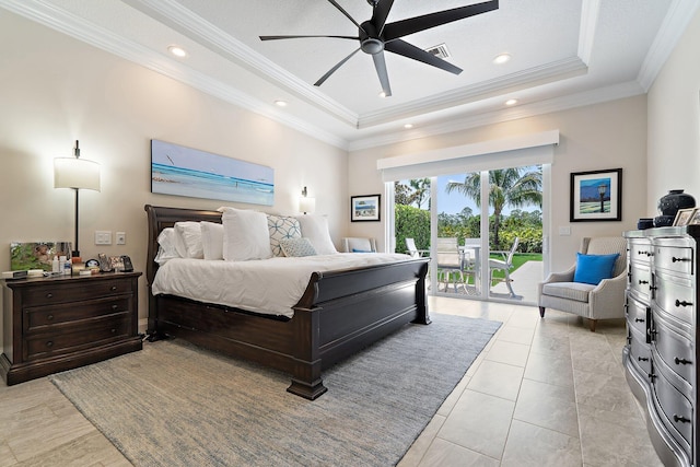 220 Carina Dr, Jupiter, FL 33478 - bedroom with access to outside, a tray ceiling, crown molding, and a ceiling fan
