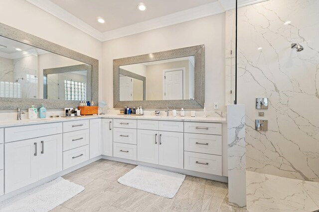 220 Carina Dr, Jupiter, FL 33478 - full bathroom with double vanity, crown molding, a marble finish shower, recessed lighting, and marble finish flooring