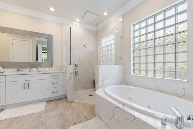 220 Carina Dr, Jupiter, FL 33478 - full bathroom with vanity, plenty of natural light, a marble finish shower, a whirlpool tub, and recessed lighting