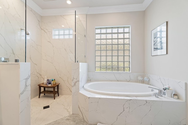 220 Carina Dr, Jupiter, FL 33478 - bathroom featuring a garden tub, crown molding, marble tiled flooring, and a marble finish shower
