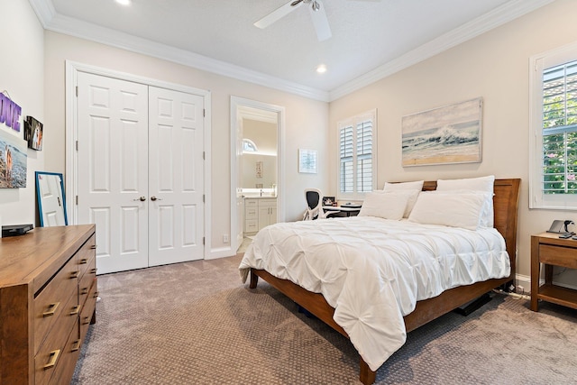 220 Carina Dr, Jupiter, FL 33478 - bedroom featuring light colored carpet, ornamental molding, recessed lighting, a closet, and ceiling fan