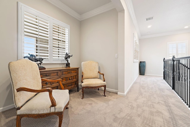 220 Carina Dr, Jupiter, FL 33478 - sitting room featuring baseboards, carpet floors, crown molding, and an upstairs landing