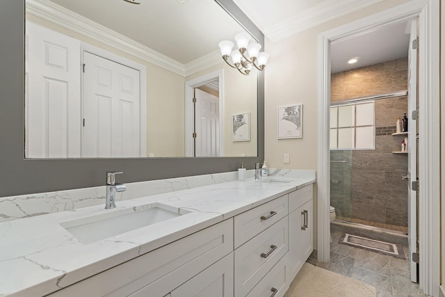 220 Carina Dr, Jupiter, FL 33478 - bathroom featuring toilet, double vanity, a stall shower, crown molding, and a chandelier