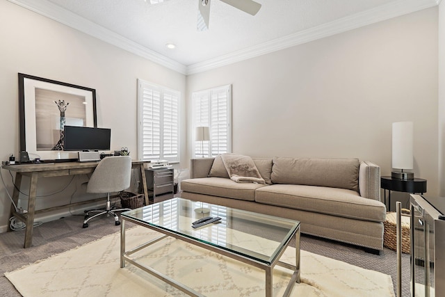 220 Carina Dr, Jupiter, FL 33478 - carpeted home office featuring ornamental molding, ceiling fan, and recessed lighting