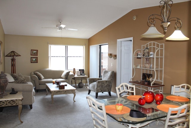 7609 Tahiti Ln Unit 201, Lake Worth, FL 33467 - dining space with lofted ceiling, ceiling fan, and carpet floors