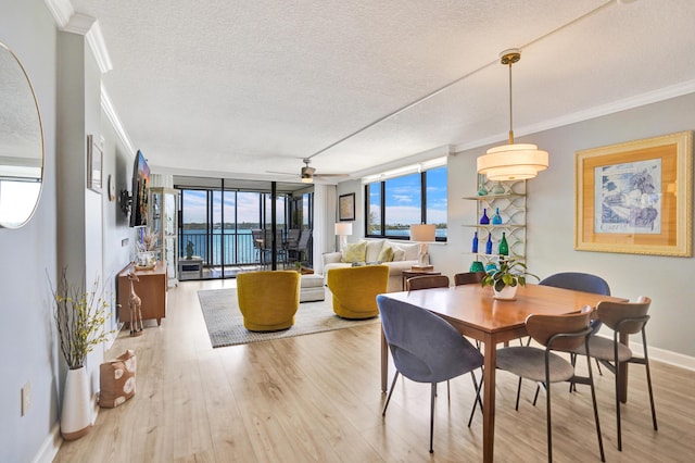 2424 N Federal Hwy Unit 315, Boynton Beach, FL 33435 - dining area featuring wood finished floors, floor to ceiling windows, crown molding, a textured ceiling, and ceiling fan