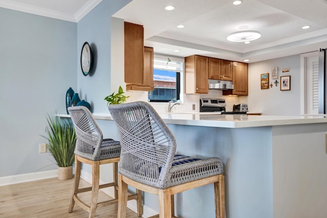 2424 N Federal Hwy Unit 315, Boynton Beach, FL 33435 - kitchen featuring range hood, electric stove, a peninsula, light wood finished floors, and crown molding
