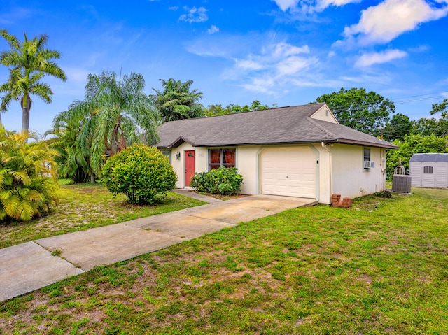 7201 N Blvd, Fort Pierce, FL 34951 - view of front facade featuring a garage, stucco siding, concrete driveway, a front yard, and cooling unit