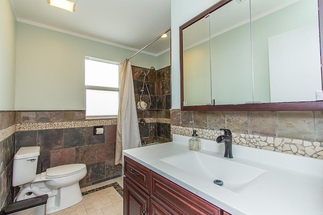 235 30th St, West Palm Beach, FL 33407 - bathroom featuring tile walls, toilet, vanity, ornamental molding, and tiled shower