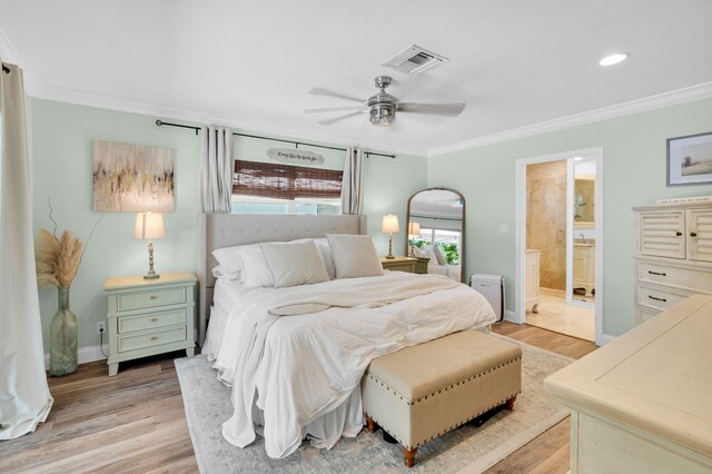 769 Berkeley St, Boca Raton, FL 33487 - bedroom featuring ornamental molding, light wood-type flooring, baseboards, ensuite bathroom, and ceiling fan