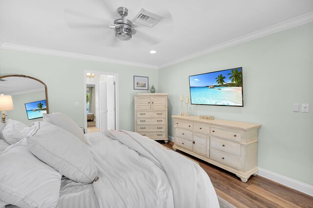769 Berkeley St, Boca Raton, FL 33487 - bedroom featuring ornamental molding, wood finished floors, baseboards, ceiling fan, and recessed lighting