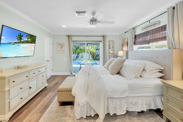 769 Berkeley St, Boca Raton, FL 33487 - bedroom featuring access to exterior, ornamental molding, light wood-style floors, baseboards, and a ceiling fan