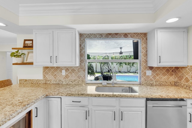 769 Berkeley St, Boca Raton, FL 33487 - kitchen with dishwasher, open shelves, white cabinets, and crown molding