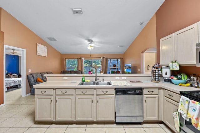 3182 SW Cathedral St, Port Saint Lucie, FL 34953 - kitchen with dishwasher, lofted ceiling, ceiling fan, a sink, and open floor plan