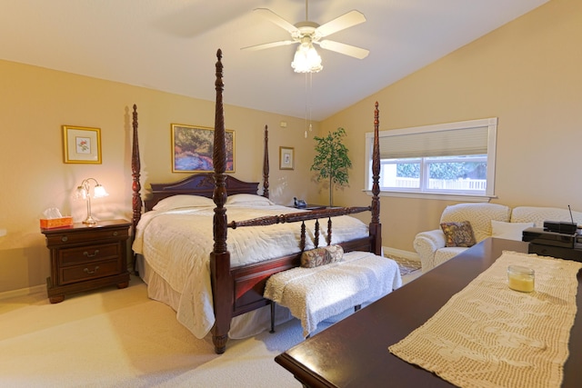 4245 Bluff Harbor Way, Wellington, FL 33449 - bedroom with vaulted ceiling, light colored carpet, baseboards, and a ceiling fan