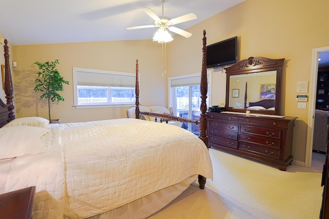 4245 Bluff Harbor Way, Wellington, FL 33449 - bedroom with lofted ceiling, light carpet, and a ceiling fan