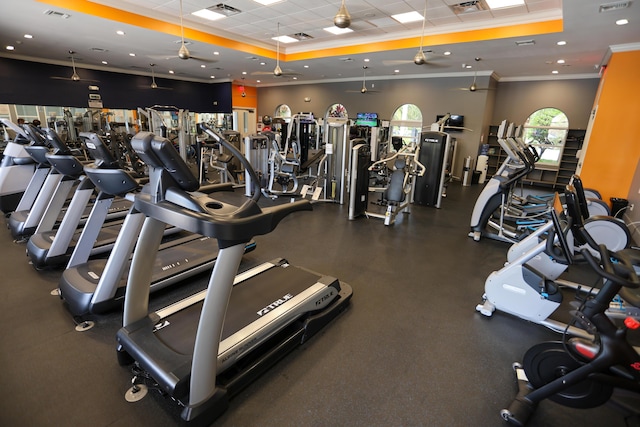 4245 Bluff Harbor Way, Wellington, FL 33449 - exercise room featuring ornamental molding, a tray ceiling, a paneled ceiling, and a ceiling fan