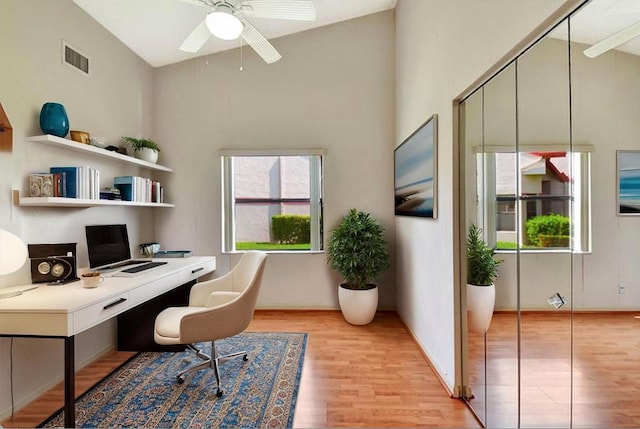 7644 Lexington Club Blvd Unit A, Delray Beach, FL 33446 - home office with light wood-type flooring, ceiling fan, and a high ceiling