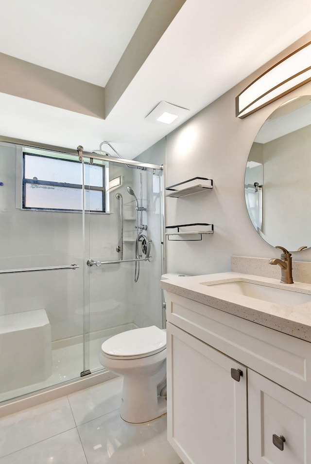 7644 Lexington Club Blvd Unit A, Delray Beach, FL 33446 - bathroom with toilet, vanity, a shower stall, and tile patterned floors
