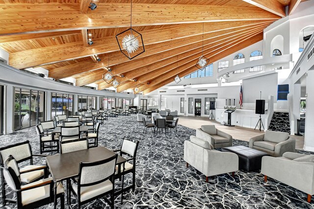 7644 Lexington Club Blvd Unit A, Delray Beach, FL 33446 - dining space with wooden ceiling with exposed beams and high vaulted ceiling