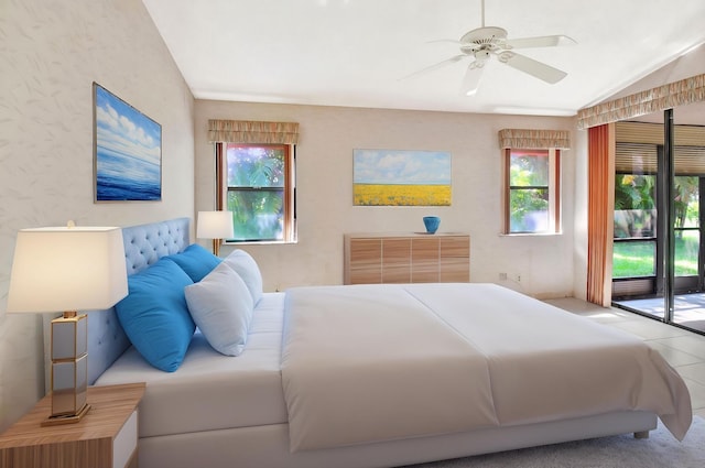 7644 Lexington Club Blvd Unit A, Delray Beach, FL 33446 - bedroom with multiple windows, vaulted ceiling, and ceiling fan