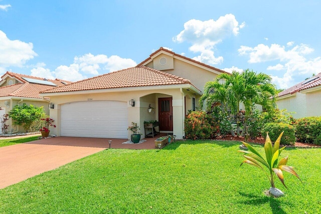 12350 Sand Wedge Dr, Boynton Beach, FL 33437 - mediterranean / spanish-style house featuring a garage, a front lawn, concrete driveway, stucco siding, and a tiled roof