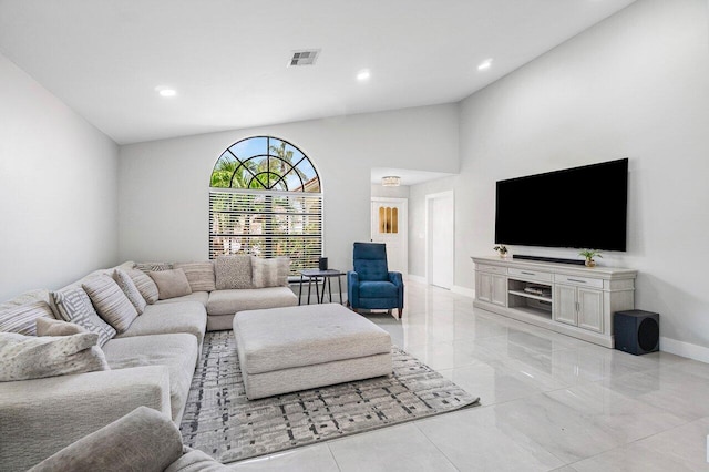 12350 Sand Wedge Dr, Boynton Beach, FL 33437 - living area featuring recessed lighting, baseboards, vaulted ceiling, and light marble finish floors
