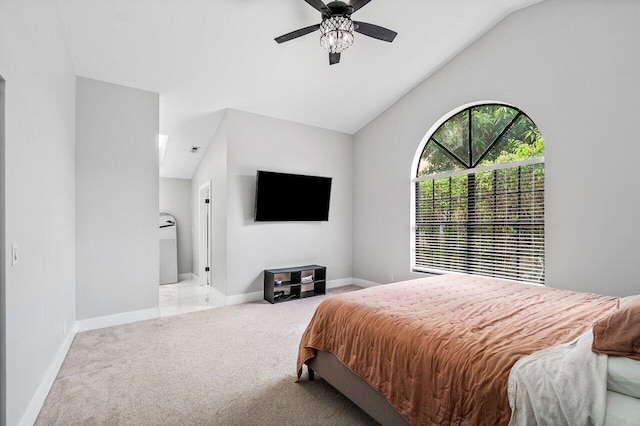 12350 Sand Wedge Dr, Boynton Beach, FL 33437 - bedroom with carpet, vaulted ceiling, baseboards, and a ceiling fan