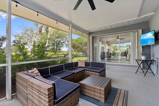 2948 SE Treasure Island Rd, Port Saint Lucie, FL 34952 - sunroom featuring a ceiling fan and an outdoor hangout area