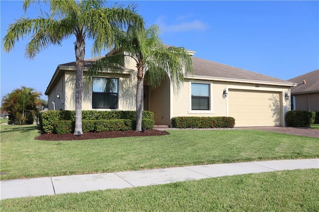 1095 N Verona Trace Dr, Vero Beach, FL 32966 - view of front facade with a garage, stucco siding, driveway, and a front lawn