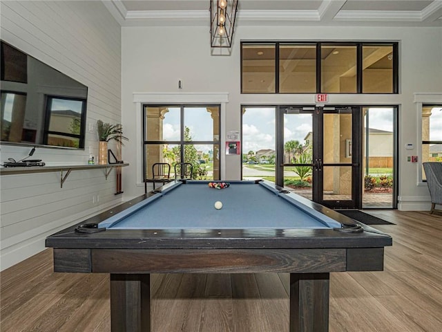 1095 N Verona Trace Dr, Vero Beach, FL 32966 - rec room with french doors, pool table, crown molding, wood finished floors, and a high ceiling