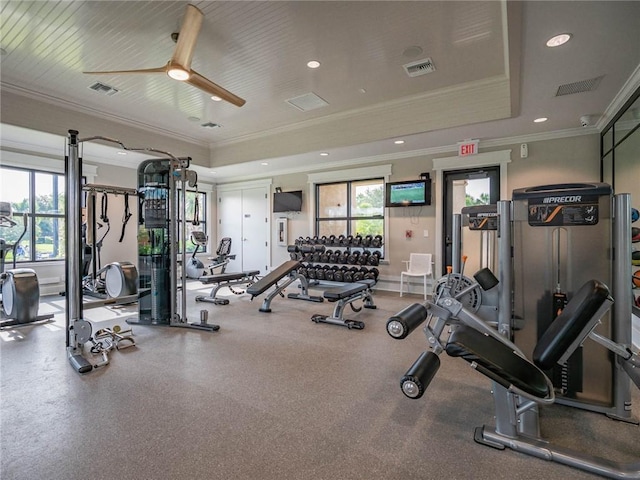 1095 N Verona Trace Dr, Vero Beach, FL 32966 - workout area featuring ornamental molding, a tray ceiling, a ceiling fan, and recessed lighting